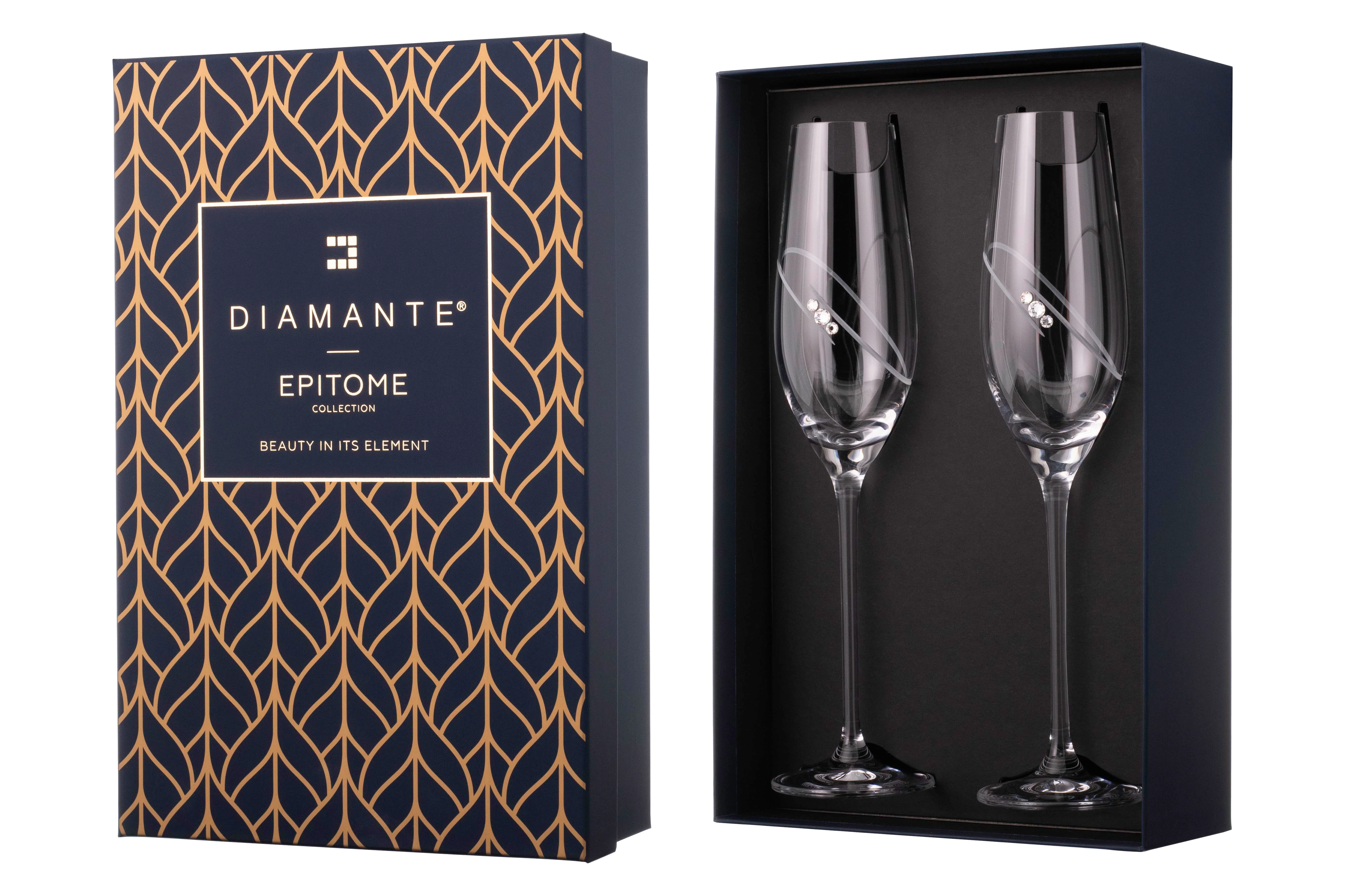 2 'His & Hers' Diamante Champagne Flutes with Orbital Design in a Satin Lined Gift Box - Image 2