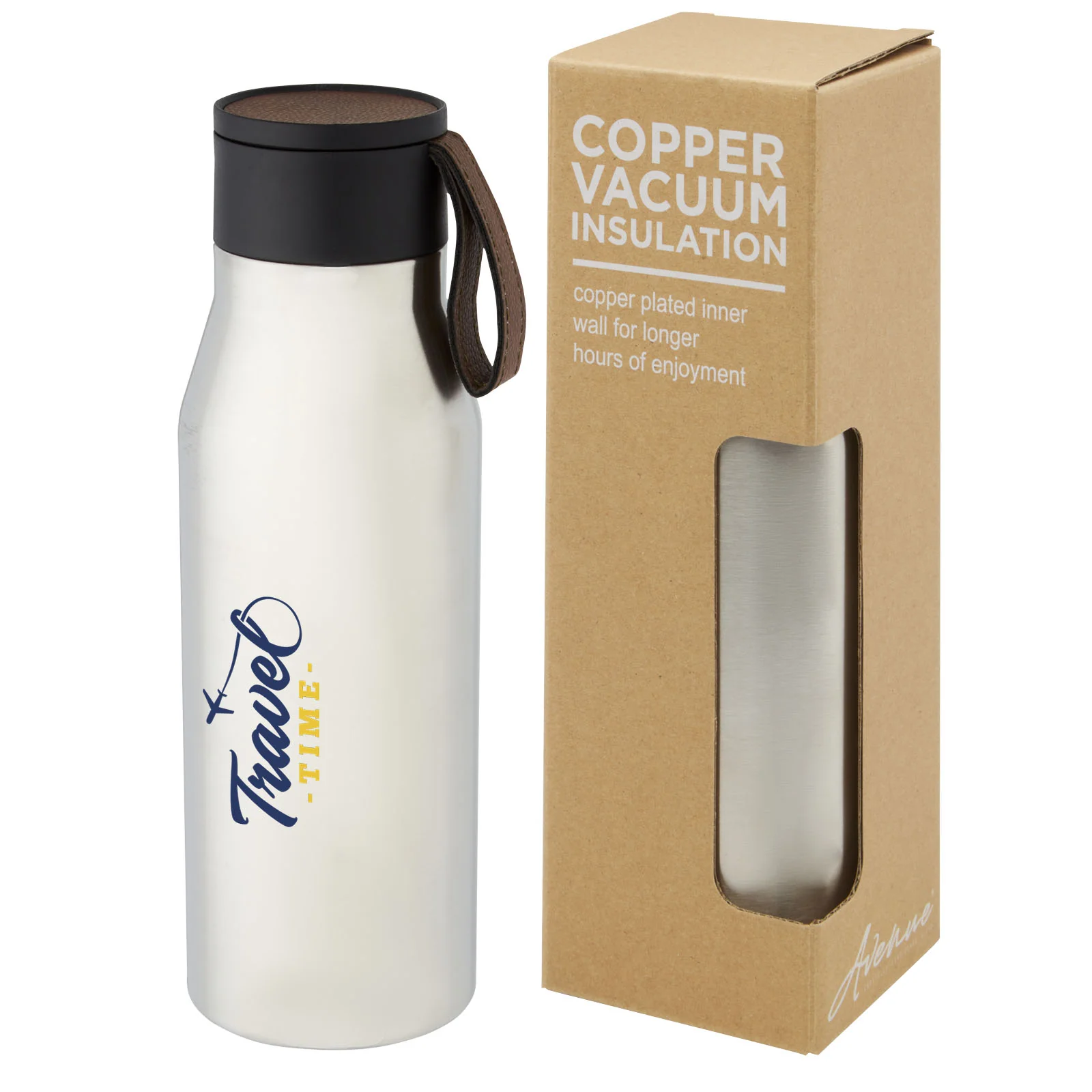 Ljungan 500 ml copper vacuum insulated stainless steel bottle with PU leather strap and lid - Image 8