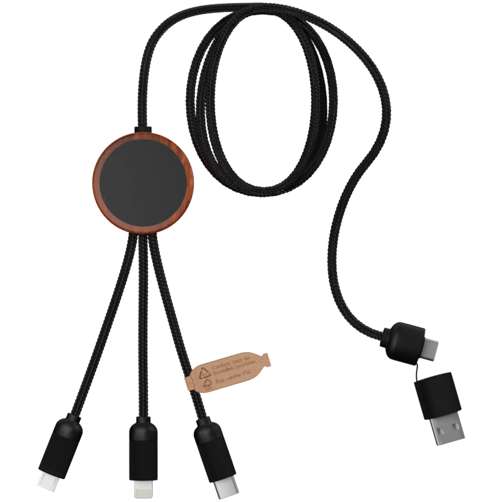 SCX.design C37 5-in-1 rPET light-up logo charging cable with round wooden casing - Image 4