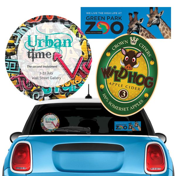 Two sided self-adhesive window stickers printed full colour on both sides within 150sq cms